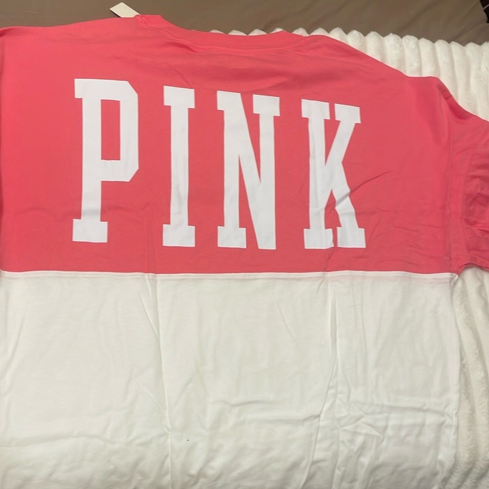 PINK Victoria's Secret Colorblock Tee Pink and White Short Sleeve With pocket